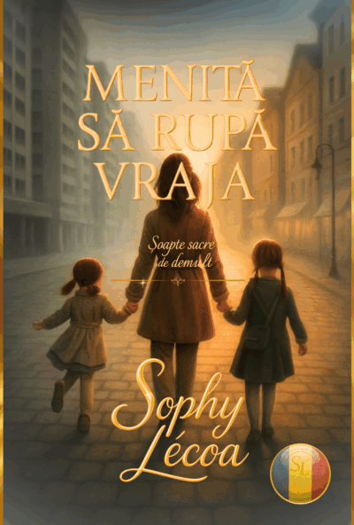 Coperta cărții „Menită să rupă vraja” de Sophy Le’coa – două fete ținând mama de mână pe o stradă veche, sub lumină aurie.