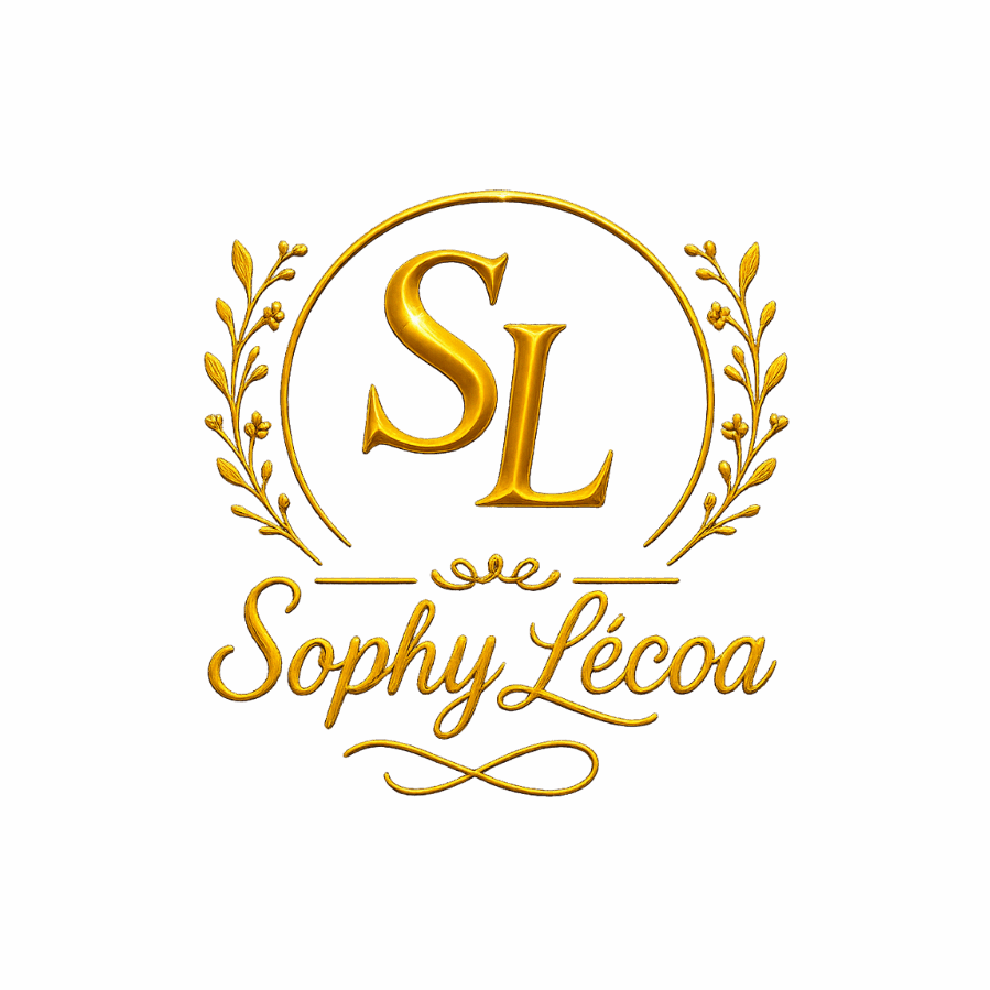 Logo dorado de Sophy Le’coa con iniciales SL y ramas de laurel — emblema oficial de Whisperlight Publishing.