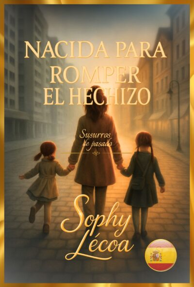 Portada del libro “Nacida para romper el hechizo” de Sophy Le’coa — madre caminando con dos hijas en una calle antigua iluminada por una luz dorada.