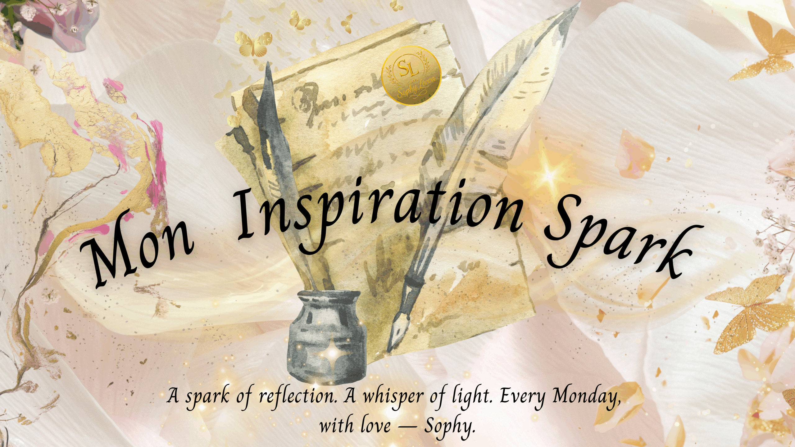 Golden quill and parchment design for “Mon Inspiration Spark” by Sophy Le’coa, symbolizing inspiration, divine reflection, and light through story.