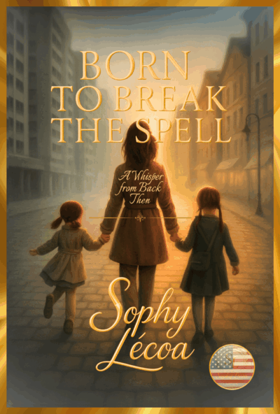Book cover of Born to Break the Spell by Sophy Le’coa, showing a mother and two daughters walking through a sunlit post-revolution city