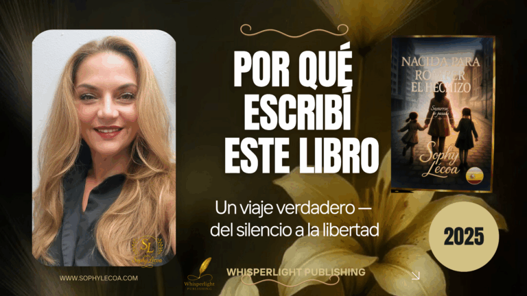 Retrato de la autora Sophy Le’coa y la portada del libro “Nacida para Romper el Hechizo”, con el texto “Por qué escribí este libro — Un viaje verdadero del silencio a la libertad”.
