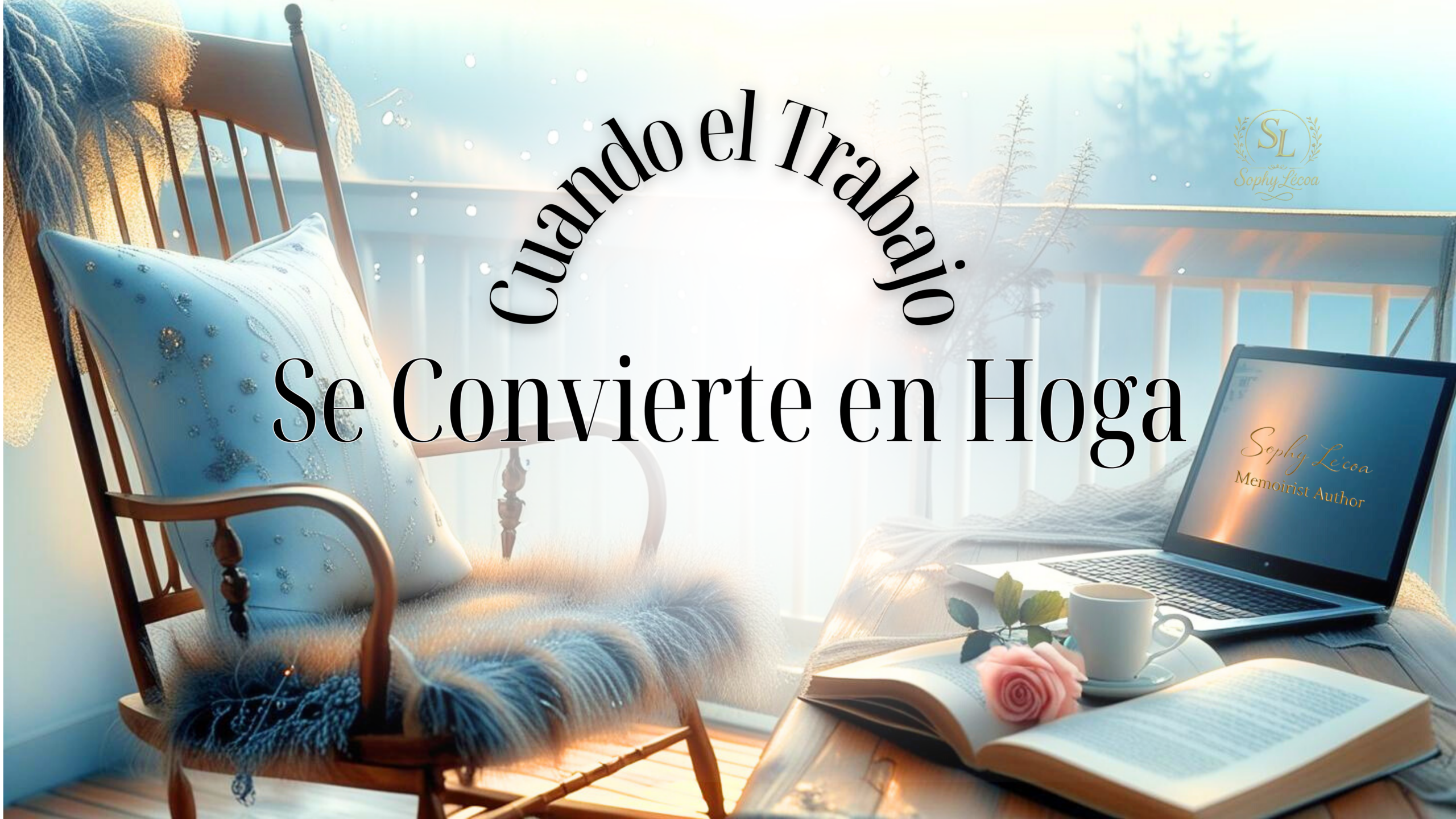 Cuando el trabajo se convierte en hogar – rincón de escritura con libro, café y portátil, vida creativa