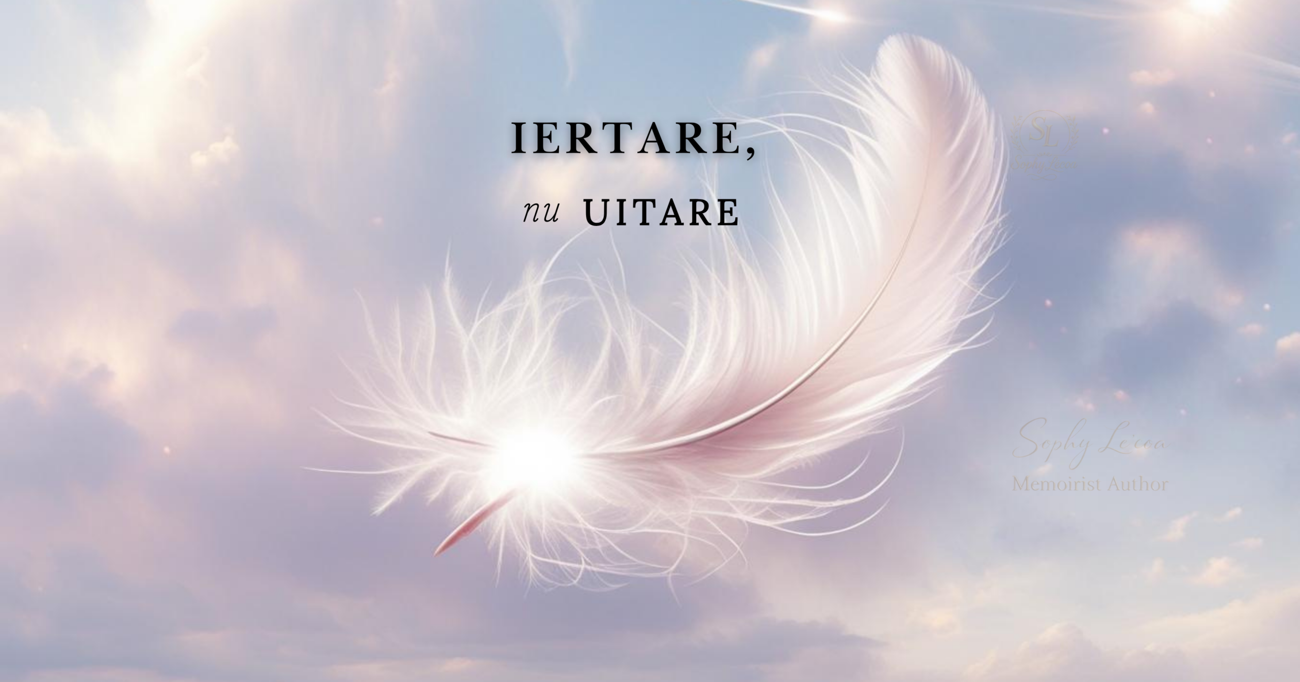 Pană albă plutind pe cer pastelat, simbol al iertării fără uitare, din memoriul „Menită să rupă vraja” de Sophy Le’coa.