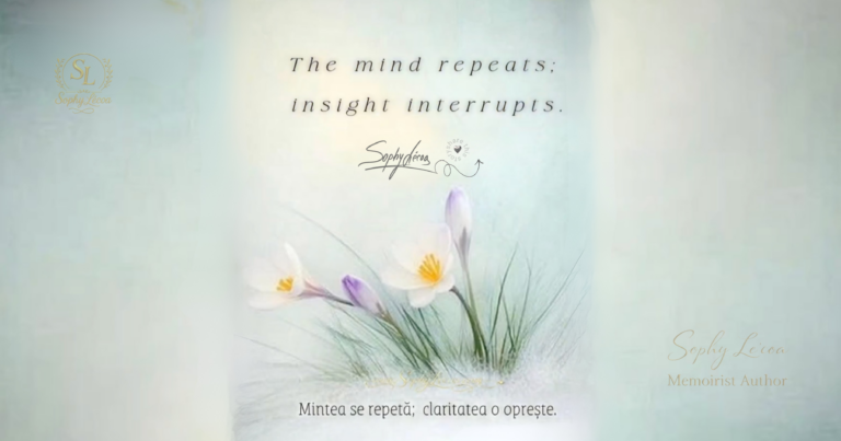 Wide pastel illustration with delicate white and violet flowers and the quote “The mind repeats; insight interrupts,” symbolizing mindfulness, presence, and the interruption of habitual thought.