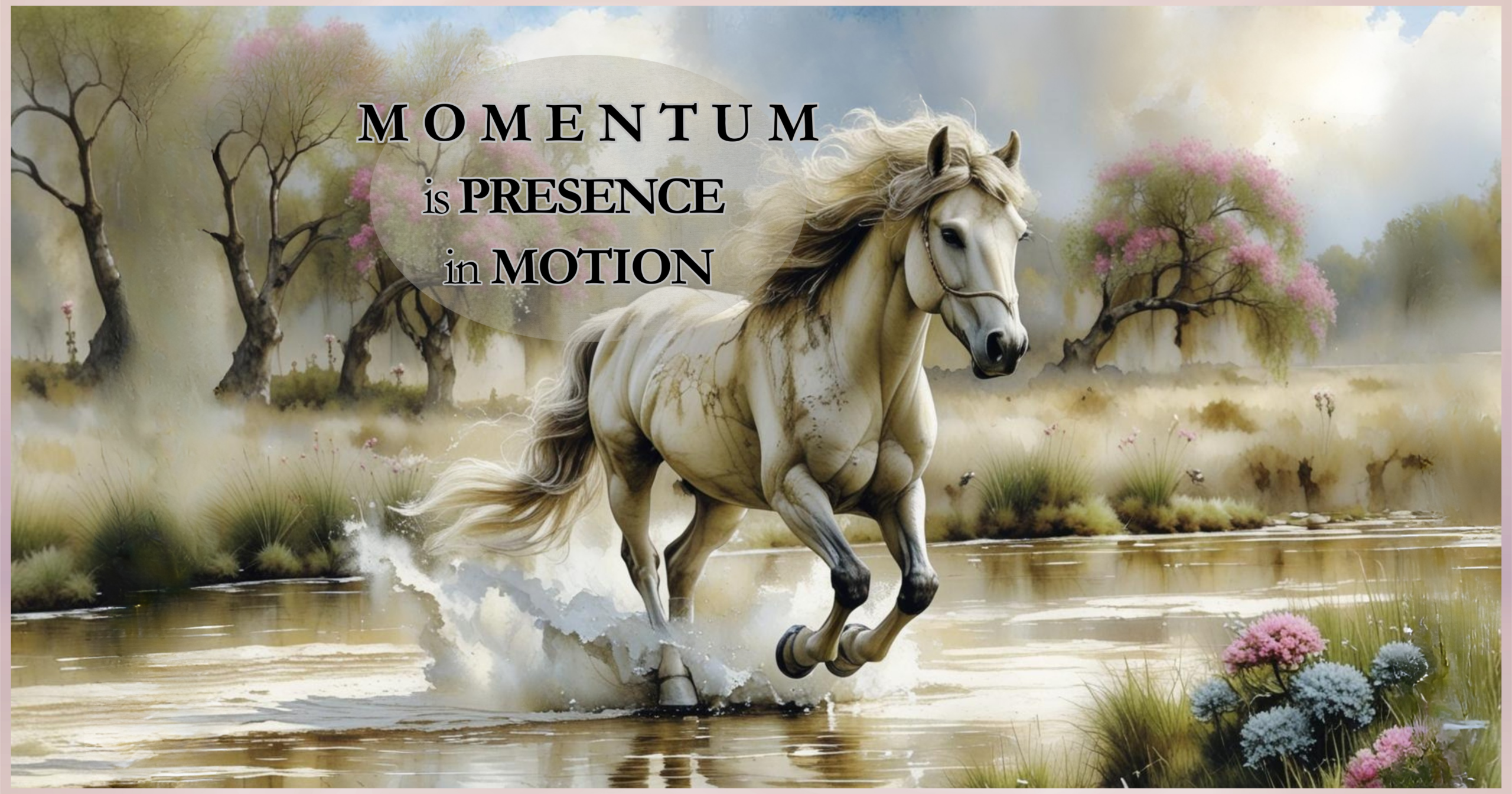 A white horse running through shallow water, symbolizing momentum, presence, and forward motion, with the words “Momentum is presence in motion.”