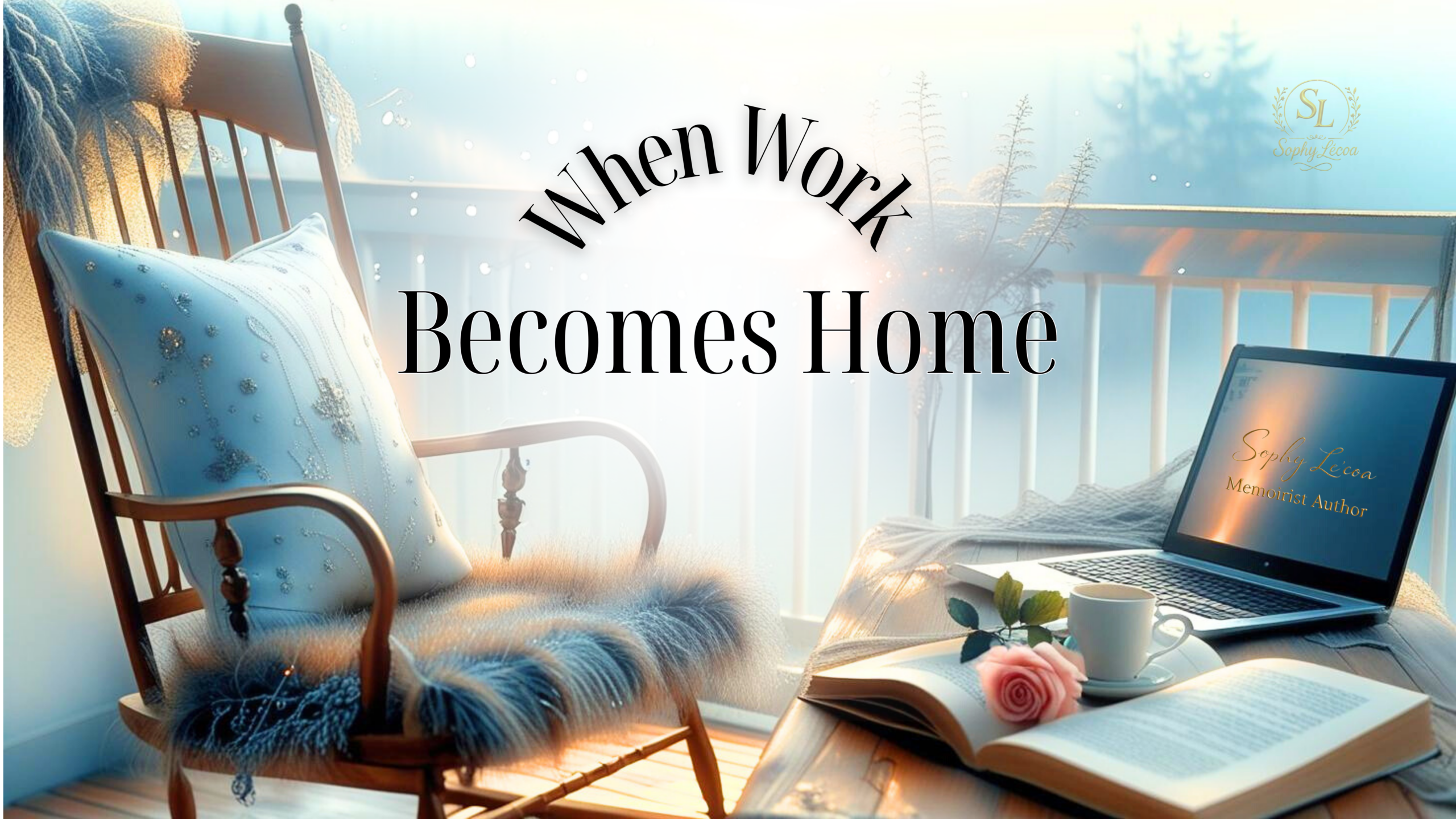 cozy creative workspace with book, laptop, coffee, and sunlight representing when work becomes home