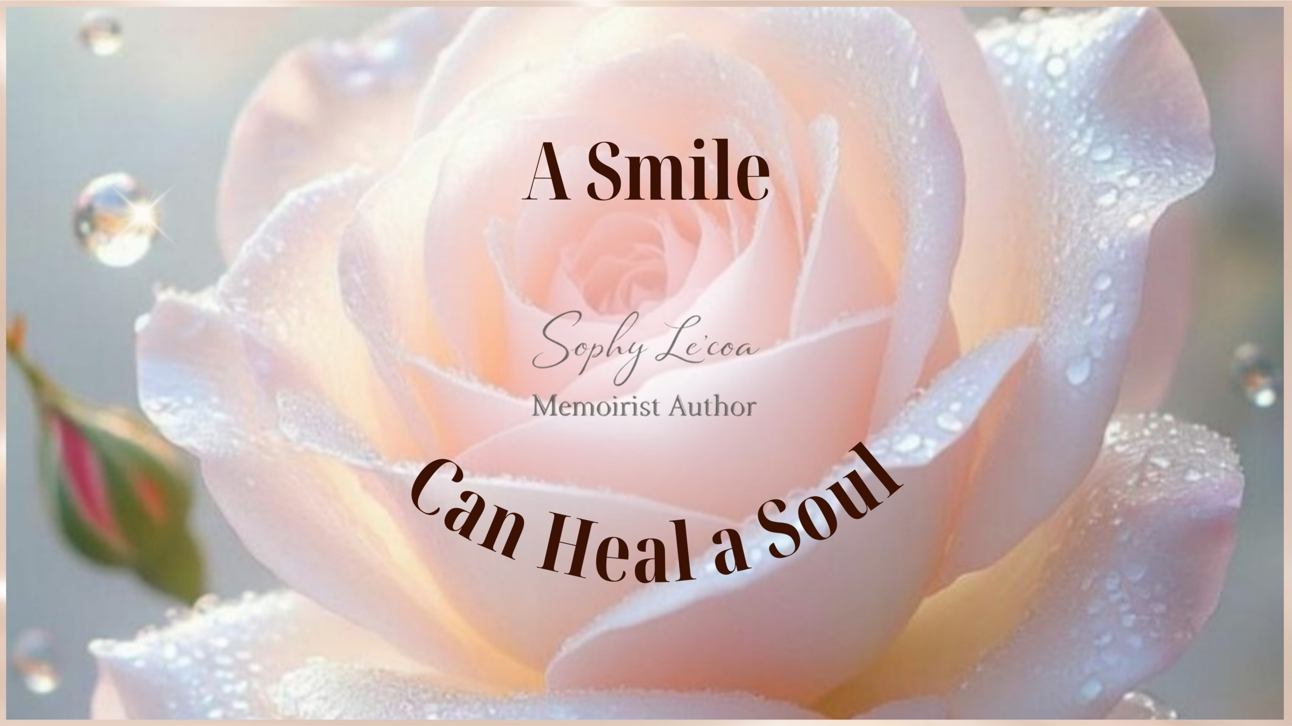A soft rose in bloom with dew drops, symbolizing how a simple smile can heal a soul. Inspirational image by memoirist author Sophy Le’coa.