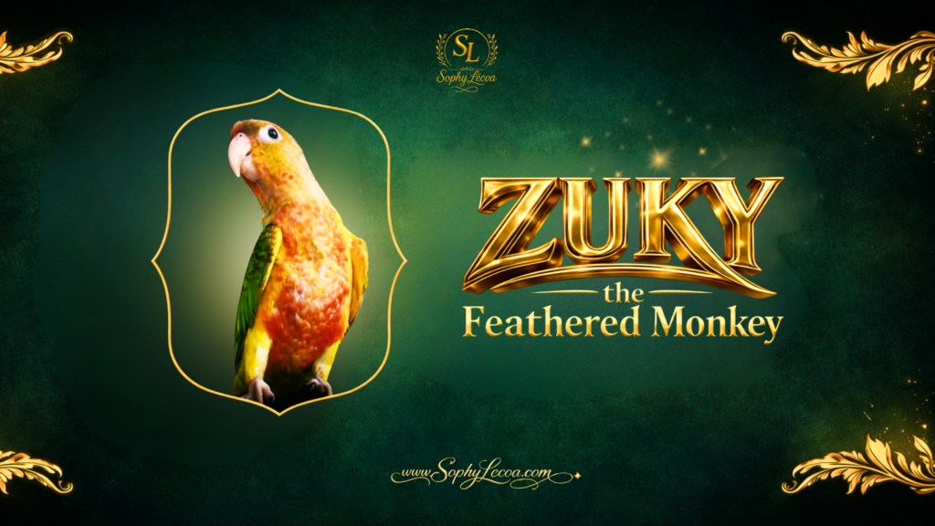Zuky the Feathered Monkey series by Sophy Le’coa featuring a colorful parrot and gold title design