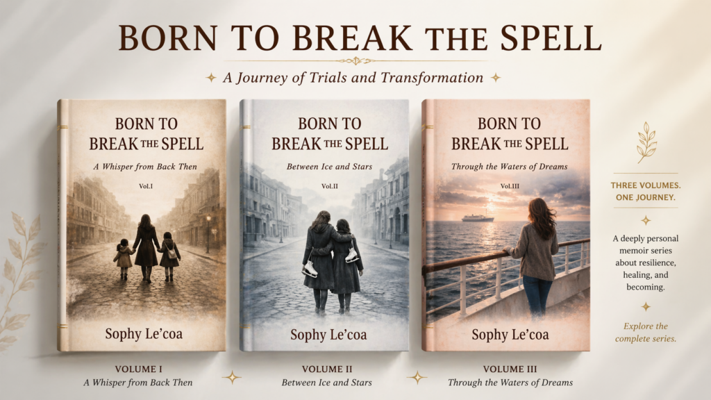 Banner featuring Volumes 1, 2, and 3 of the Born to Break the Spell memoir trilogy by Sophy Le’coa.