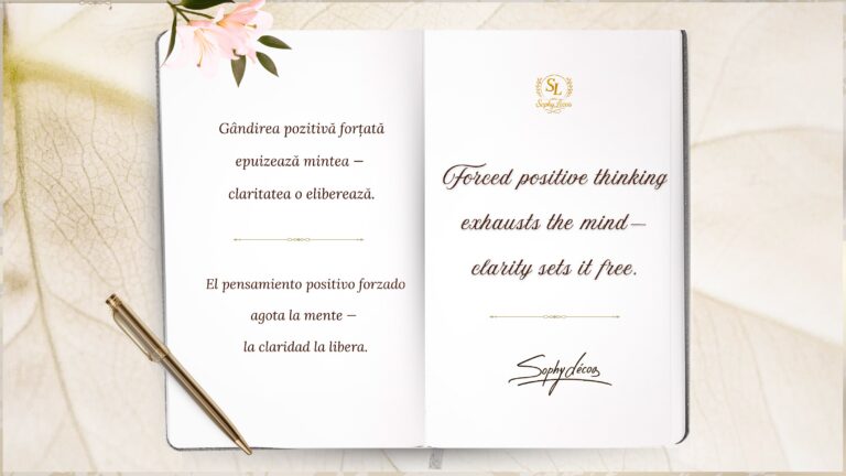 Quote by Sophy Le’coa about clarity over forced positive thinking, featuring a book-style design with Romanian, English, and Spanish text