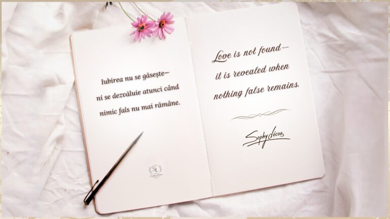 Open journal with bilingual love quote about how love is revealed, not found, soft aesthetic with flowers and pen